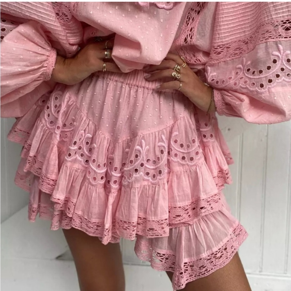 LoveShackFancy Briella Tiered Ruffle Mini Skirt Pink Grace XS
